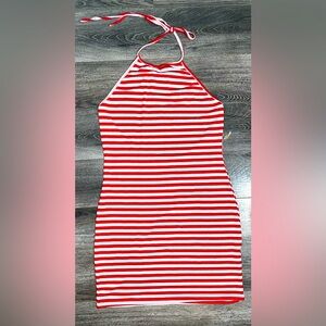 Red and White Striped Halter Dress Large